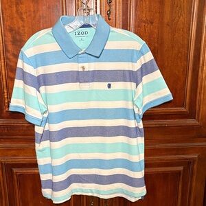 Izod Men's Polo Shirt - Blue, White, and Aqua Stripes Size M